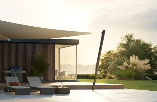 Sonnensegel in Garten mit Sonnenuntergang