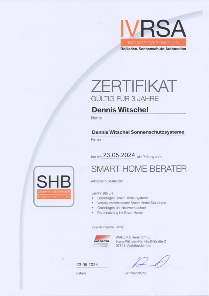IVRSA Zertifikat Smart Home Berater von Dennis Witschel.