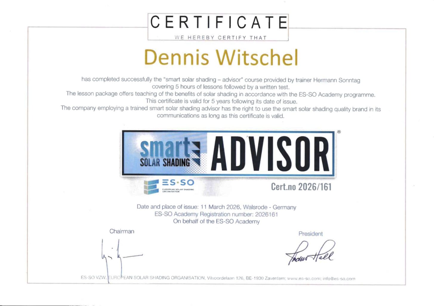 Zertifikat Smart Solar Shading Advisor von Dennis Witschel.