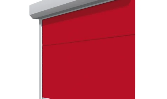 Roter Sonnenschutz von Warema mit weißem Rahmen und Kasten